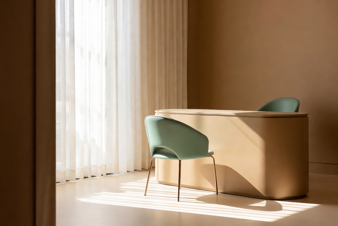 A private consultation setting with soft daylight and refined aqua accents