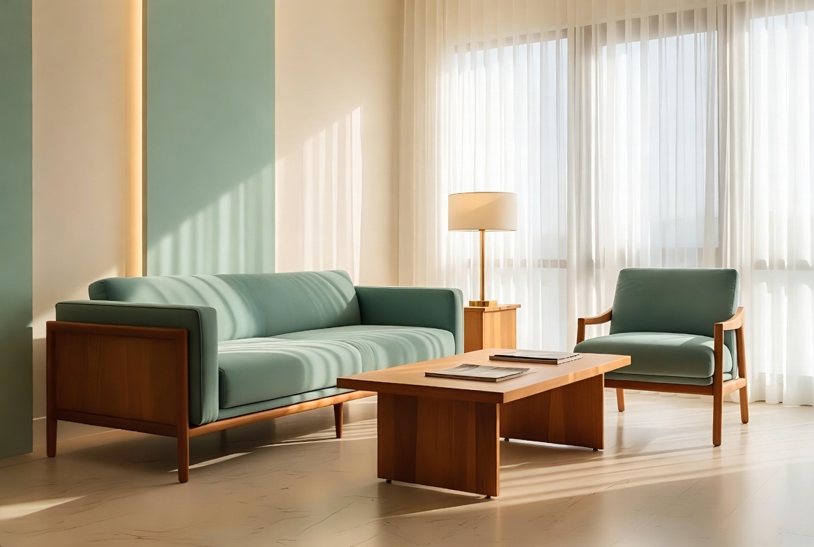 A calm consultation lounge with soft aqua accents and refined seating