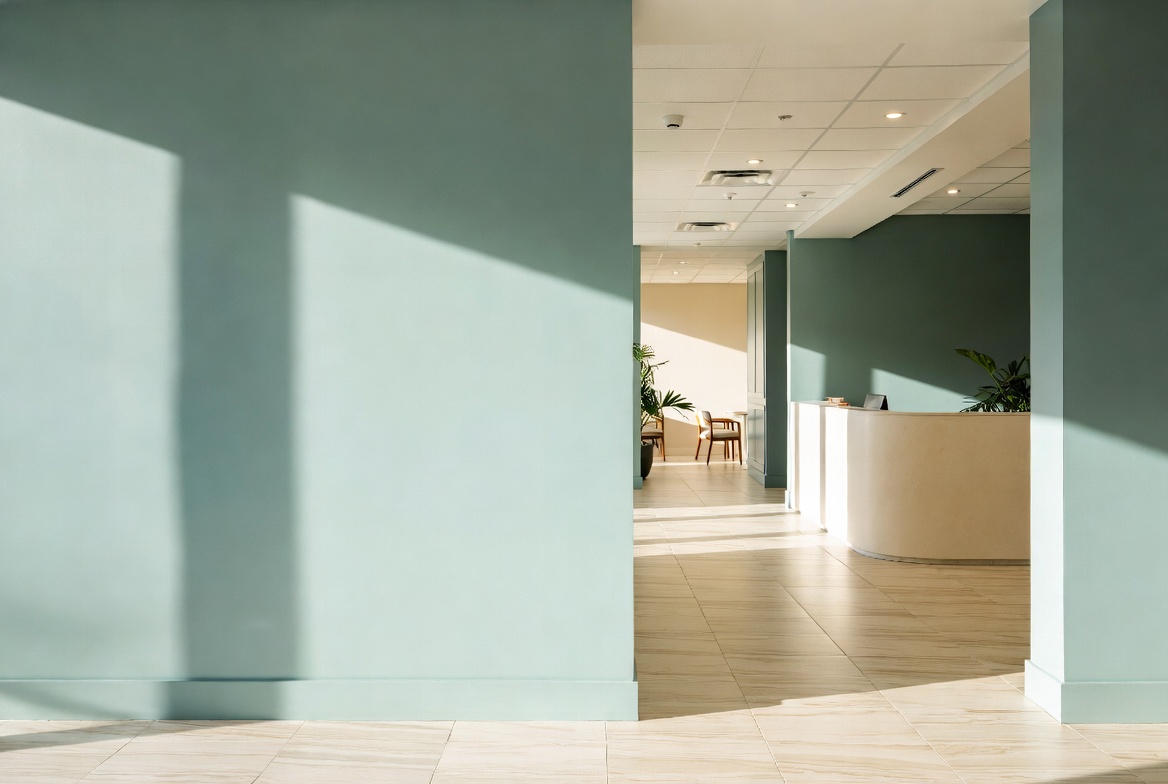 A luminous clinic interior with private seating, soft daylight, and aqua accents