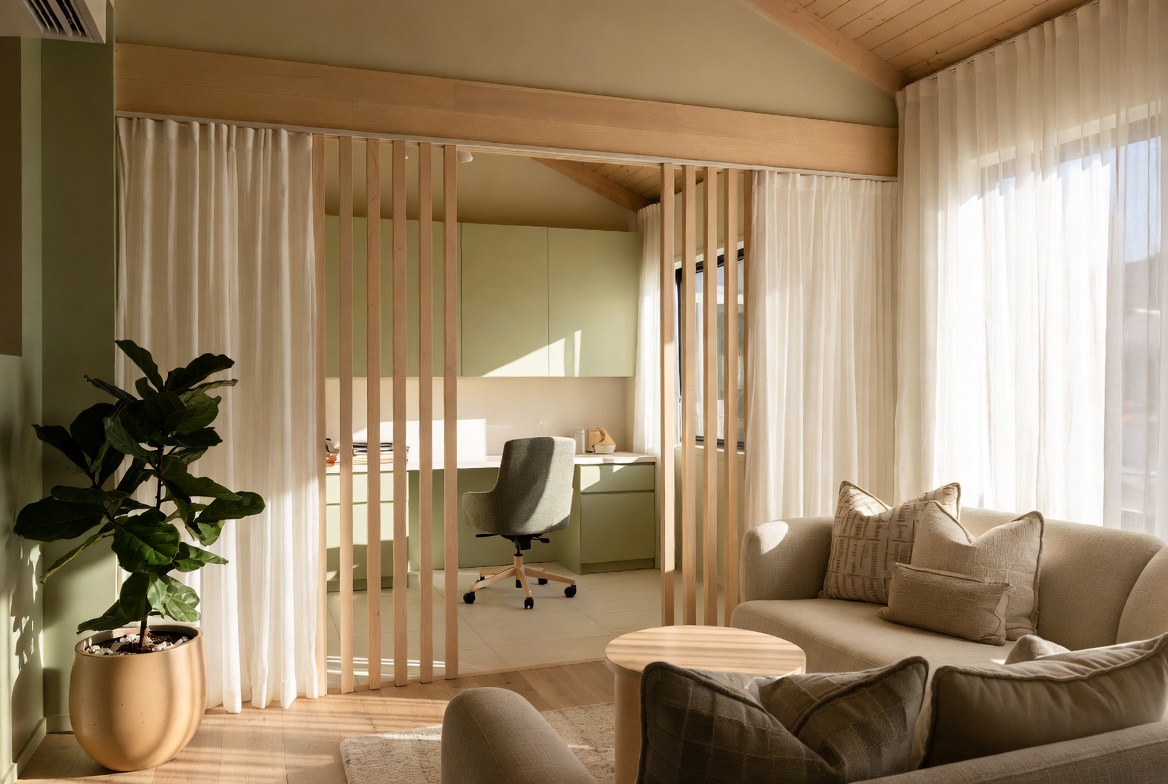 A luminous clinic location interior with seafoam-toned finishes and daylight