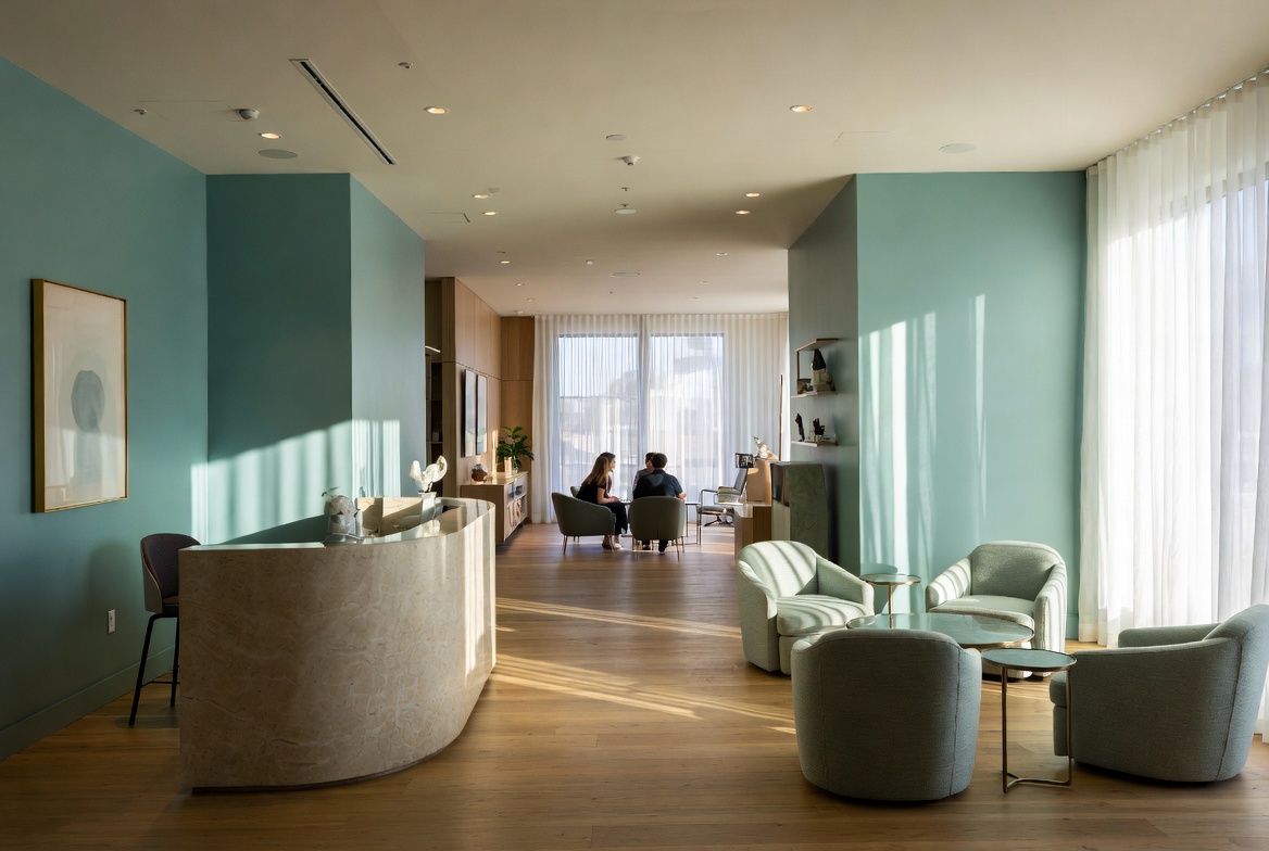 A bright Montana clinic reception with natural light and polished finishes