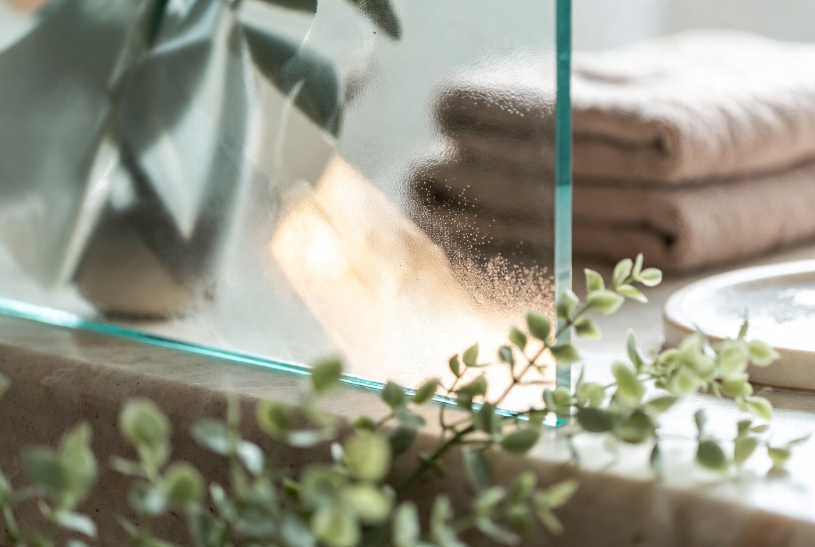 A softly textured spa detail with calm aqua and white surfaces