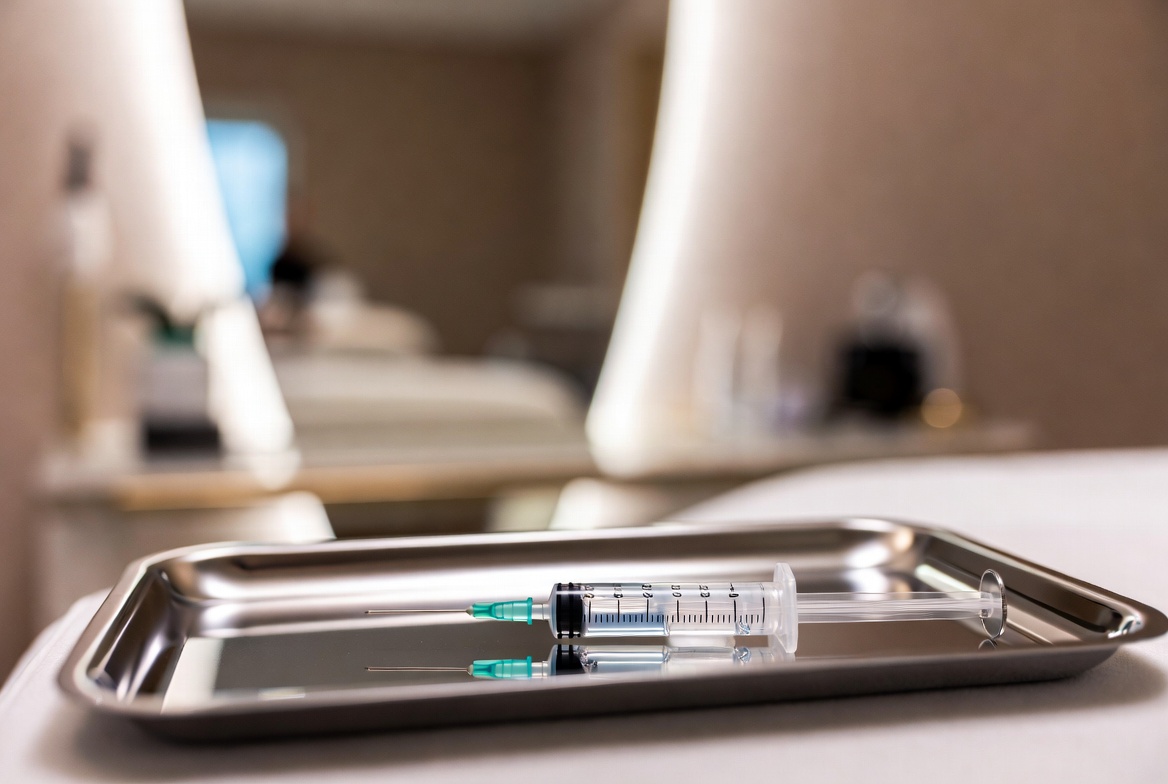 A refined consultation setting with a treatment chair and softly lit clinical finishes