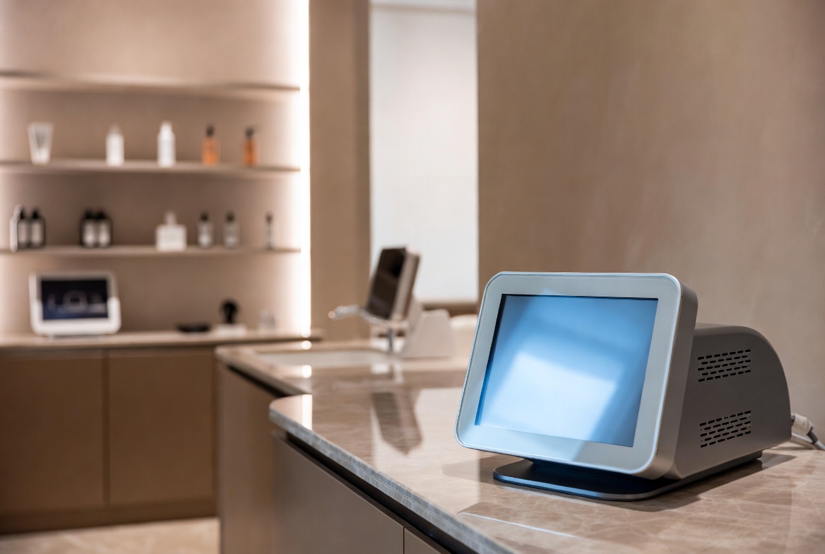 A modern laser treatment room with cool white finishes and gentle daylight