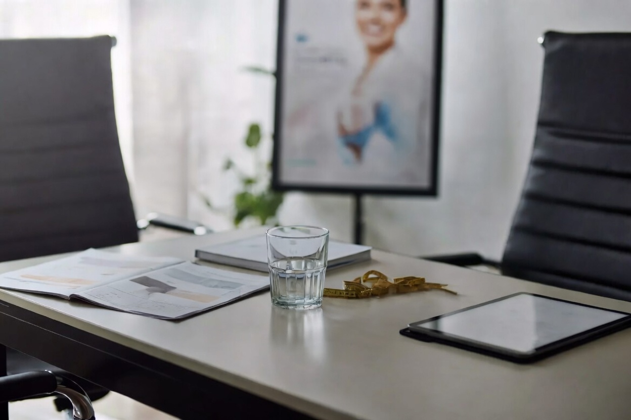 A private consultation desk with wellness notes and calm aqua surfaces