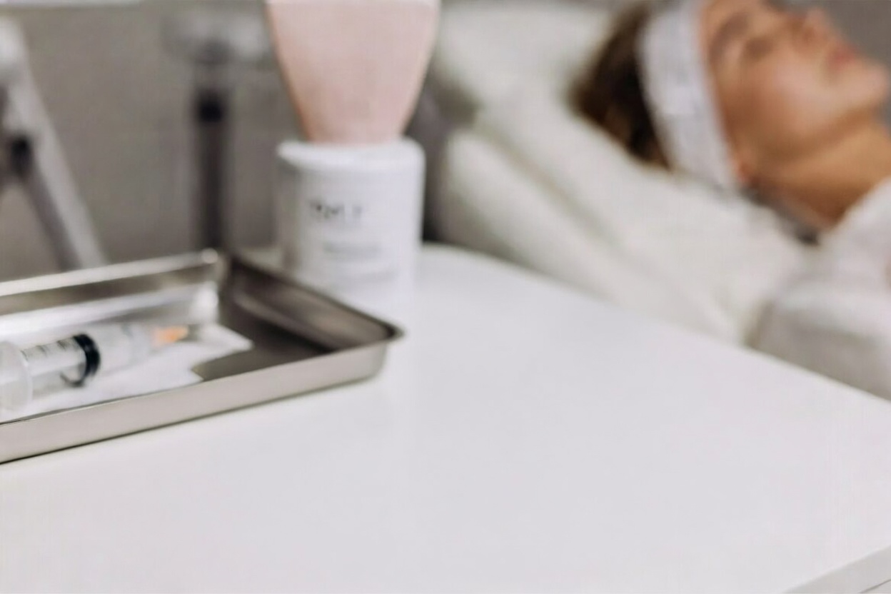 A softly lit injectable treatment room with aqua accents and a reclining chair